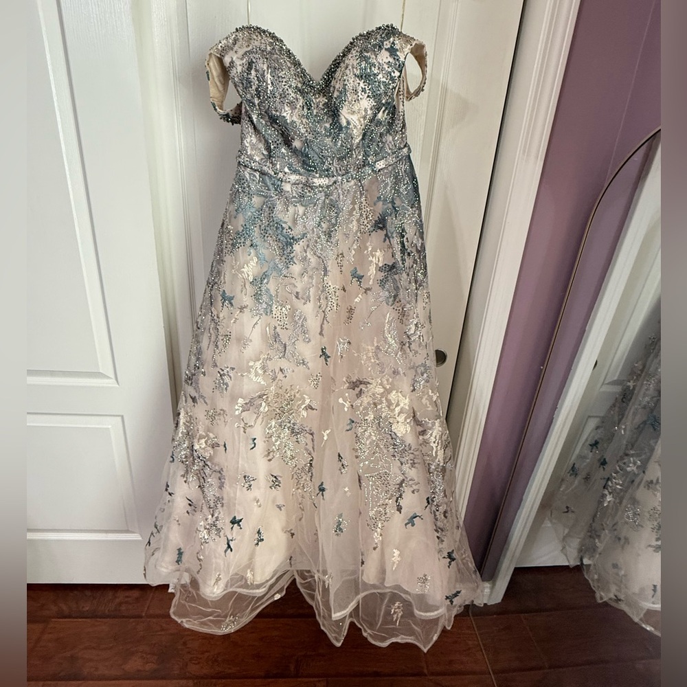 Gray and Cream Sequin Tiered Gown with Sweetheart Neckline